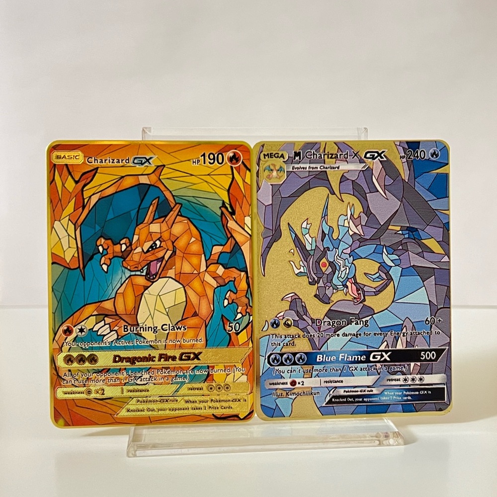 “2” Pokemon M Charizard GX & Charizard GX METAL GOLD CARD Gift/Display/Fan Art